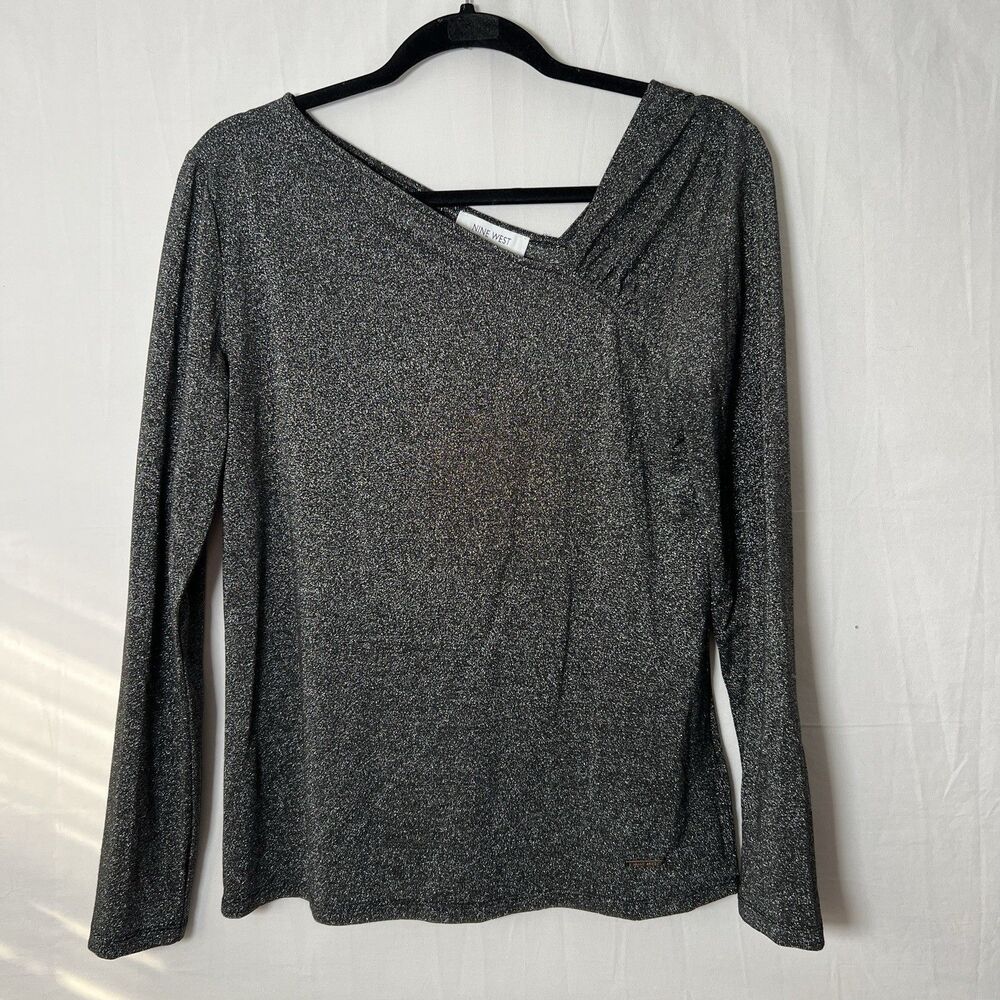 Nine West Holiday Sparkle Blouse Top M Black Silver Long Sleeve Asymmetrical